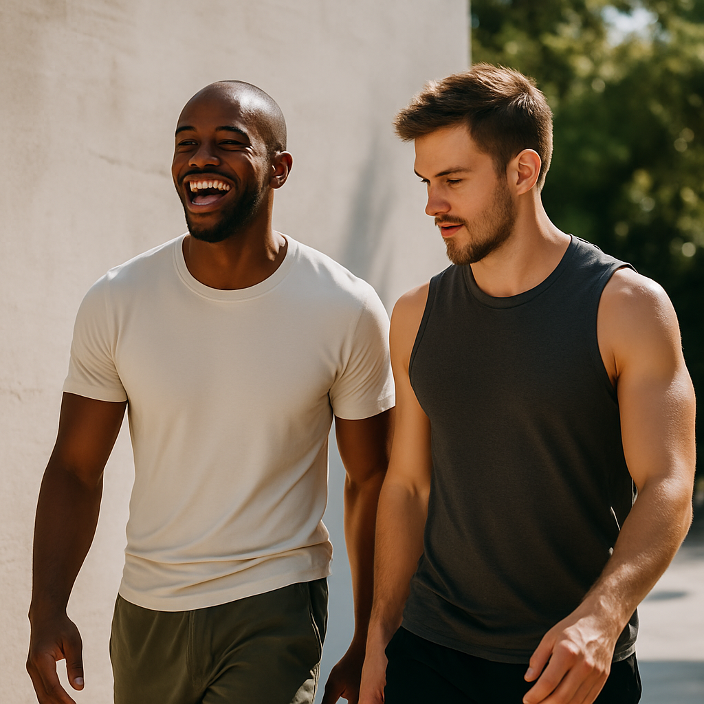 two fit men walking, healthy lifestyle with natural supplements