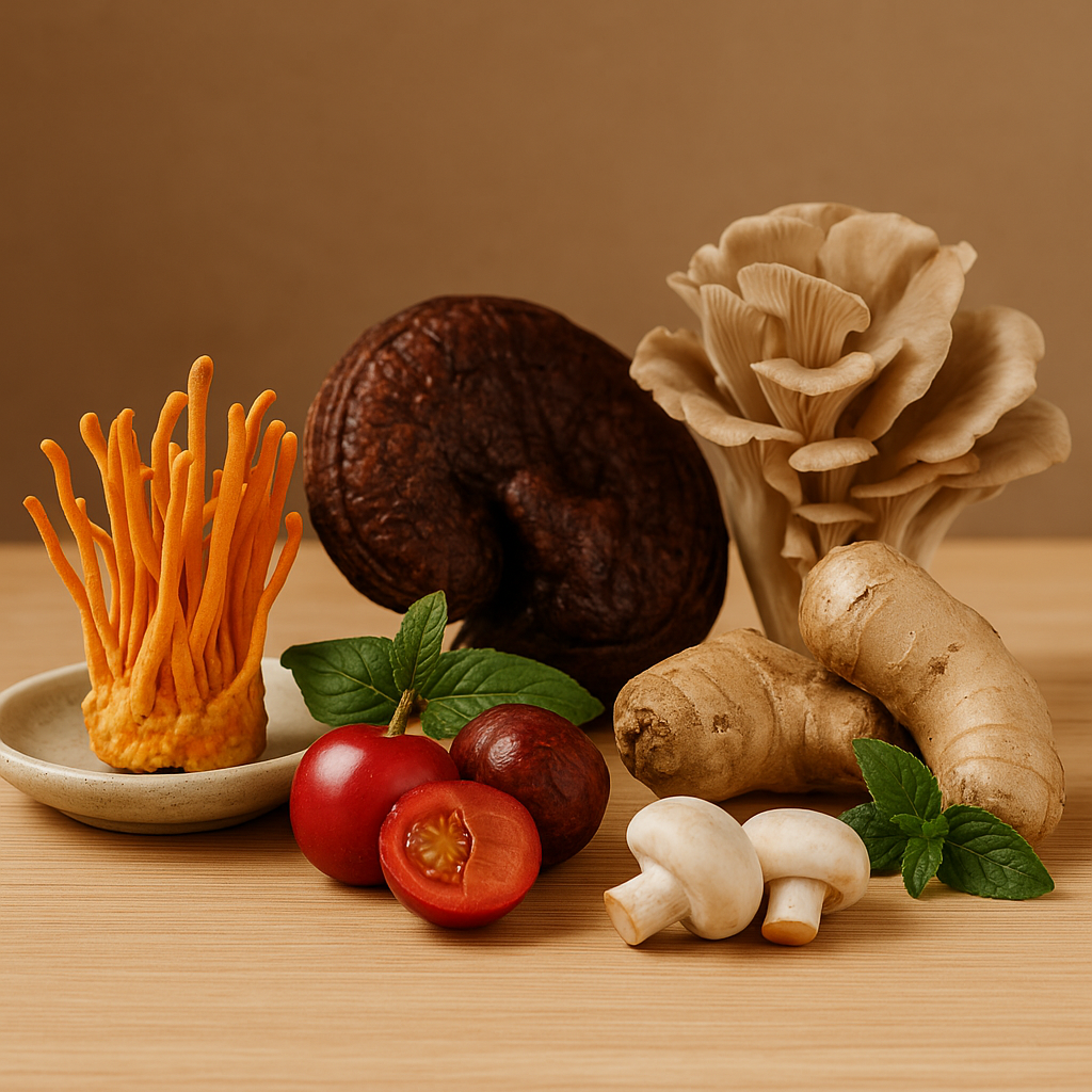 mushrooms_turkey_tail_cordyceps_shiitake_root_vitamin_c_source_natural_supplement_blend